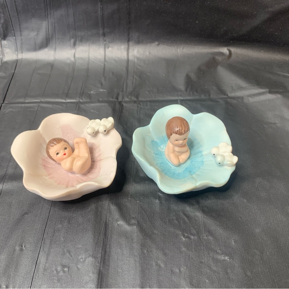 Ceramic Babies in Lily Flowers with Birds Pink and Blue Vintage Collectibles